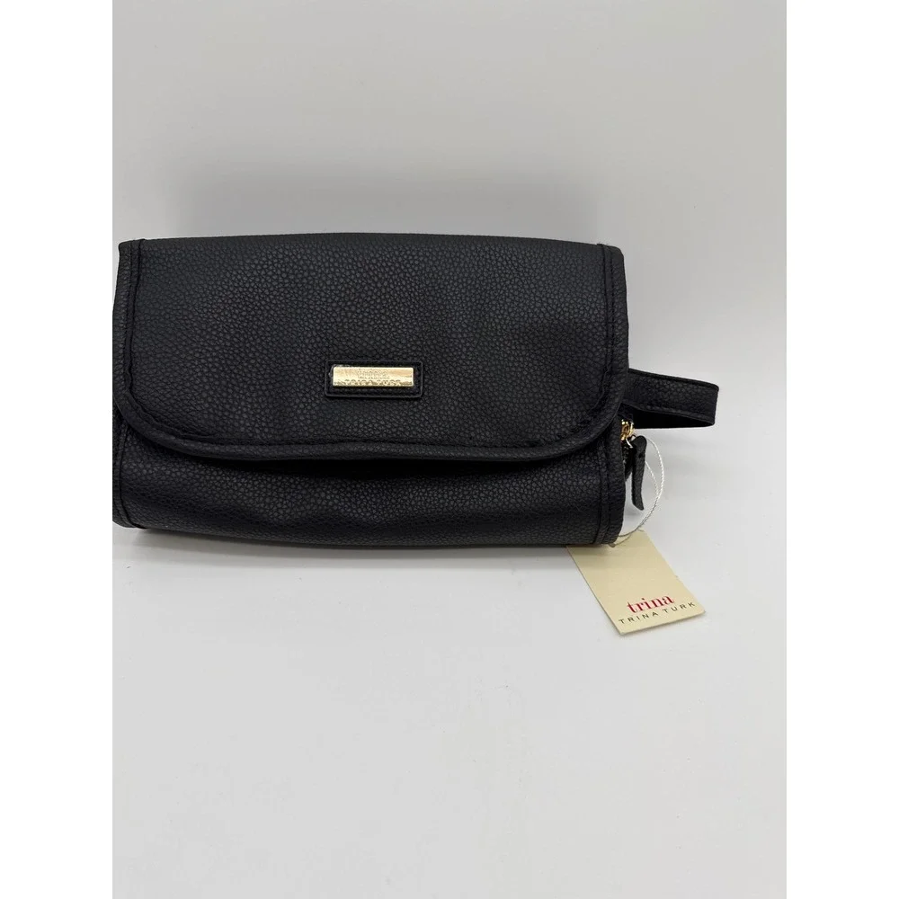 Trina Turk Hanging Toiletry Bag Black Pebbled Faux Leather Travel Organizer New